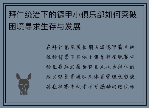 拜仁统治下的德甲小俱乐部如何突破困境寻求生存与发展