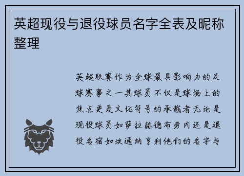 英超现役与退役球员名字全表及昵称整理