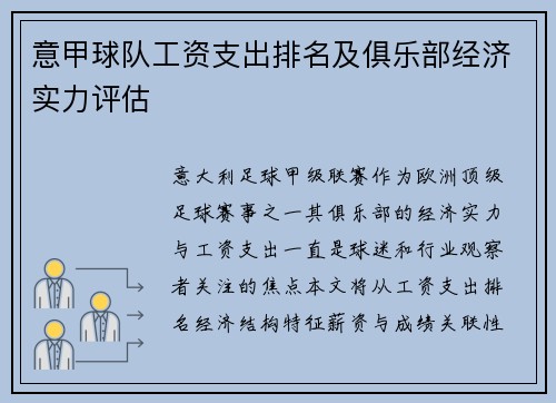 意甲球队工资支出排名及俱乐部经济实力评估